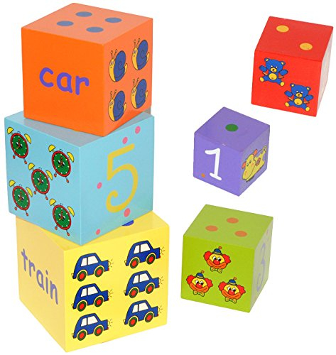 alles-meine.de GmbH Stapelturm/Stapelwürfel - aus Holz - 6 Bausteine - mit verschiedenen Bildern - groß - Würfel - Pyramide Stapelspiel mit Tieren, Zahlen - Kinder/Holzbauste..