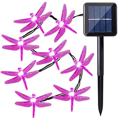 KINGCOO Libelle Schnur Lichter Solarleuchten Außen, Wasserdicht 20ft 30LED 8 Modus Solar Lichterketten für Haus Terrasse Garten Party Hochzeit Weihnachtsbeleuchtung Dekorationen (Rosa)