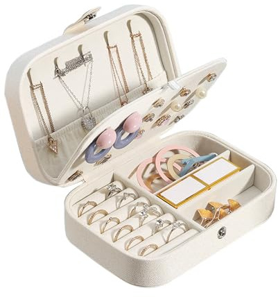 Lrikas Schmuckkästchen Reise Schmuckkasten Klein, Schmuckbox Damen, Schmuckaufbewahrung mit Stil, Schmuck organizer für Ohrringe für Ohrringe, Halsketten, Ringe(Weiß)