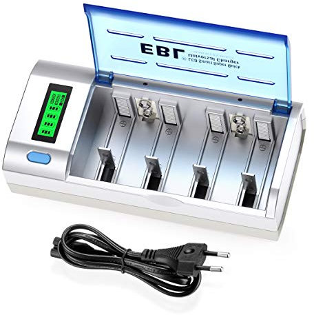 EBL Chargeur de Piles Universel- LCD Chargeur Universel 906 pour AA/ HR6, AAA/ HR3, C/ HR14, D/ HR20/ et 9V Piles Rechargeables en Ni-MH Ni-CD, avec Fonction de Décharge, Entrée AC Pratique