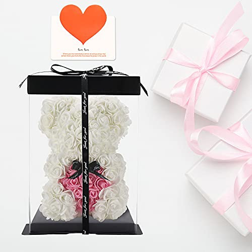 Orso Rosa Fatto a Mano Orsacchiotto Fiore Orso Rosa Orsacchiotto - Regalo per la Festa della Mamma, Regalo per lei, Regali di Amici, Regali per Le Donne, Scatola Regalo Trasparente 10 Pollici (White)