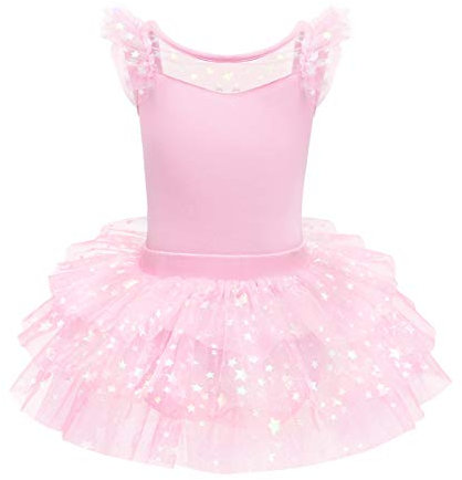 IWEMEK Filles Ballet Danse Justaucorps avec Jupe Tenues Manches À Volants Dos Nu Bowknot Tiered Tutu Robe Ballerine Costume Gymnastique Patinage Enfants Dancewear Rose 5-6 Ans