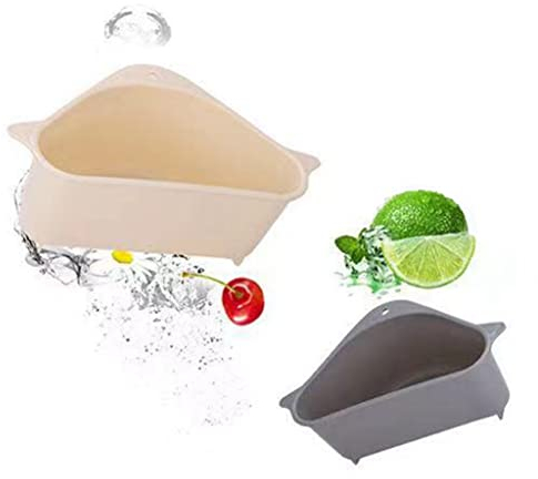 2Pcs Küche Spüle Sieb Korb, Ecke Spüle Sieb Korb Punch-Free Multifunktions-Spüle Korb mit Saugnapf für Unterstützung Ecke(1 weiß + 1 grau)