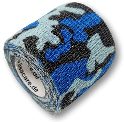 LisaCare selbstklebende Bandage - 2 Rollenpflaster, 5cm breit - Medizinprodukt - Mullbinden mit Wundauflage & ohne anwendbar mit Farb- & Motivauswahl (Camo Blau)