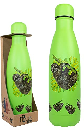 NatureVac Reusable Stainless Steel Sloth Water Bottle 500ml, BPA Free Thermal Vacuum Insulated Bottle for 12 Hours Hot and 24 Hours Cold Drinks - Leakproof Flask Water Bottle for Gym, Travel, Sports