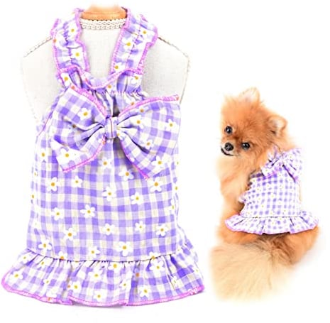 SMALLLEE_LUCKY_STORE Female Dog Clothes Puppy Bow Plaid Floral Halter Dress for Small Medium Dog Cat Girls Sundress Birthday Party Holiday Costume Teacup Yorkie Chihuahua Pet Apparel,Purple,XL