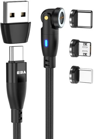 EBA magnetisches Datenkabel 540°, Magnetik Data kable, Schnellladekabel, kompatibel mit i-Produkt, USB-Typ-C, USB Mikro, Magnetik USB-Kabel Datenübertragung (Schwarz, 1 Meter)