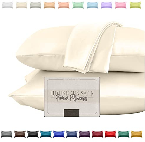 Elegant Comfort Silky and Luxurious 2-Piece Satin Pillowcase Set for Healthier Skin and Hair, Hidden Zipper Closure and Beautifully Packaged, Satin Pillowcase Set, Standard/Queen, Cream