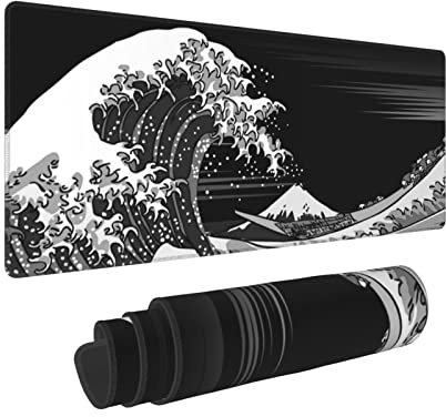 Grand tapis de souris de jeu étendu de 80 x 30 cm, tapis de souris pour ordinateur portable, clavier PC imperméable et antidérapant en caoutchouc XL noir et blanc Kanagawa surf