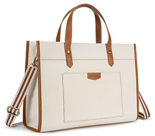 Missnine Sac Cabas Femme pour Ordinateur Portable 15,6 pouces en Toile Grand Sac à Main Élégant pour Cours Travail Université Voyage, Brun et Beige