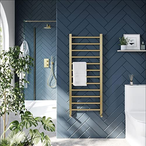 800 x 500mm Towel Rail Radiator | Brushed Brass Finish | Straight Heated Bathroom Towel Rail Radiator | 8 Bars Round