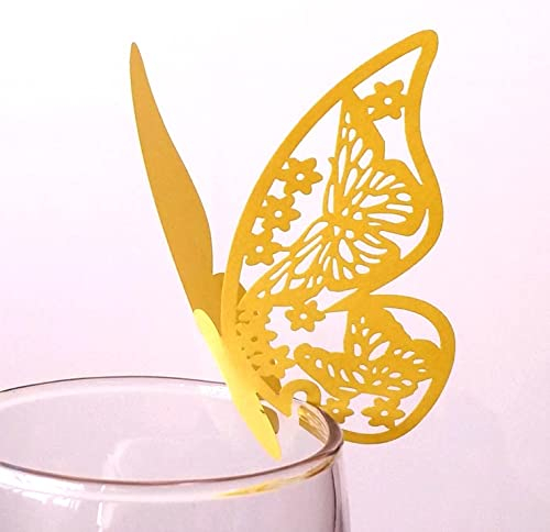 100 Stück Schmetterling Trichterwinde Tischkarten Namenskarten Glasanhänger Wandsticker für Tischdeko Hochzeit Party Haus Deco,Schmetterling Tischkarten Laser Platzkarten Namenskarten,Gold