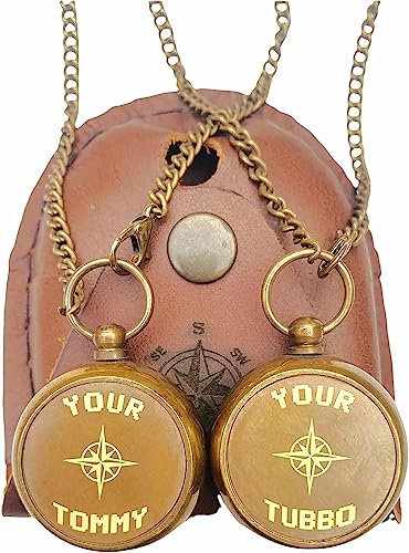 Unser Tommy Your Tubbo Lock It Kompass, nautisch, antiker gravierter Messing-Kompass, mit Leder-Tragetasche, mit Kette, Piratenkompass, Wander-Outdoor-Kompass