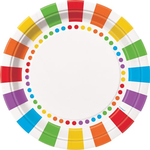 Unique- Assiettes en Carton Écologiques-23 cm-Fête d'anniversaire Arc-en-Ciel-8 Pièces (Lot de 1), Pois, 47115EU, Multicolour, Large