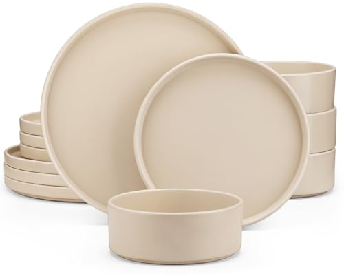 vancasso Venus Matte Dinnerware Set, 12-Piece Beige Dinner Sets, Stoneware Crockery Set with 4-Piece 10.5in Dinner Plate, 8in Dessert Plate, 720ml Bowl, Modern Style