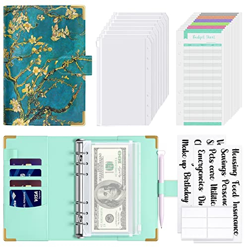 Hnogri Budget Binder with Zipper Envelopes, A6 Money Saving Binder Cash Envelopes for Budgeting, PU Leather Budget Planner Money Organizer for Cash Bills, Floral Budget Wallet for Women, Apricot Tree