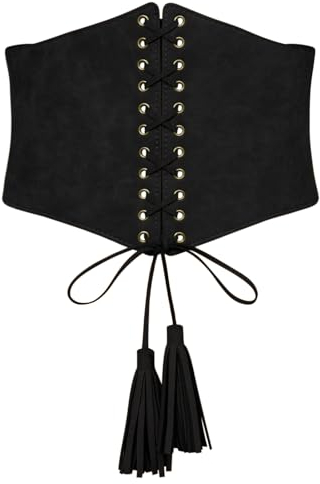 Scarlet Darkness Schwarzer Damengürtel, elastischer Taillengürtel, modisch, breiter Cinch-Gürtel, Schwarz, Größe M, Quaste, tiefes Schwarz, M