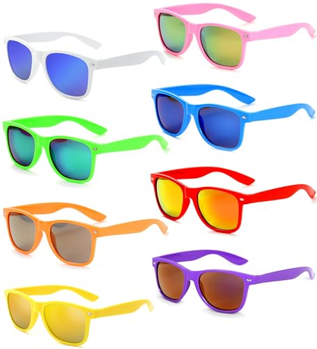 Unning 8 Stücke Bunte Sonnenbrille Set Neon Lustige Party Sonnenbrillen Coole Retro 80er Brille Pack für Herren Damen