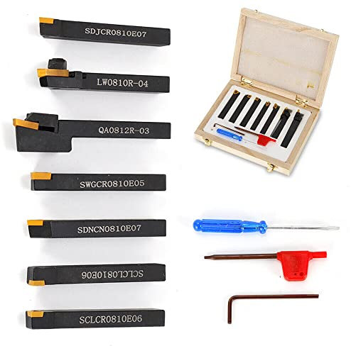 7 tlg Hartmetall Drehmeißel Drehstahl Satz 8X8mm im Drehmeissel mit Wendeplatten Drehmeißel Kit Drehen Fräsen Schneiden Werkzeug Set für Drehmaschine mit Holzaufbewahrungsbox