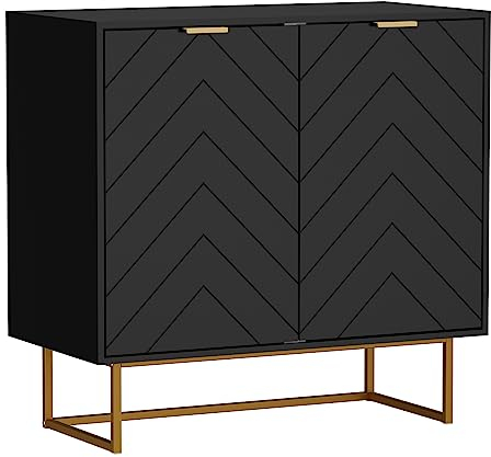 UEV Buffet Bas à 2 Portes, Armoire de Rangement avec Étagère Réglable à 3 Positions, Support 65kg, Manche et Pieds en Métal Couleur Doré, pour Salon, Chambre, Studio, 80 x 40 x 77,5 cm (Noir)