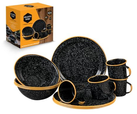 Granite Ware 12-teiliges Outdoor-Set, emaillierter Stahl mit farbigem Rand, perfekt für Camping, Picknicks, Grillabende