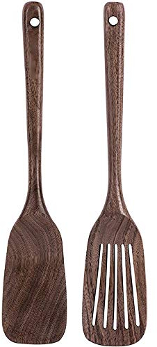 Hanabitx Wooden Spatula&Slotted Spatula for Cooking,Black Walnut Long Handle Wood and Slotted Turner for Non-Stick Cookware