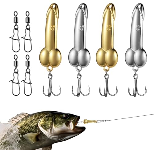 Annyswit 4 Pcs Metal Fish with Trebles Hooks & Rolling Fishing Swivels Zinc Alloy Spoon Fish Lure Gold Silver Sequin Fishing Tackle Tool for Deepwater Bait