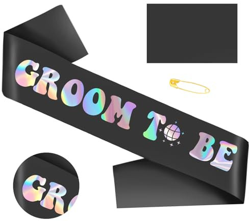 Schärpe für Bräutigam Junggesellenabschied, schwarze Schärpe mit schillernden Folienbuchstaben für Junggesellenabschied, Dekorationen, Ideen, Geschenke, Witze und Gefälligkeiten, individuelle Länge