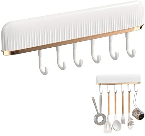 xiruiubao Barra Utensilios Cocina, Colgador Utensilios Cocina Pared con 7 Ganchos Móviles, Soporte para Utensilios de Cocina/Baño Sin Taladrar (30.2 * 6.2 * 3 cm, Blanco)