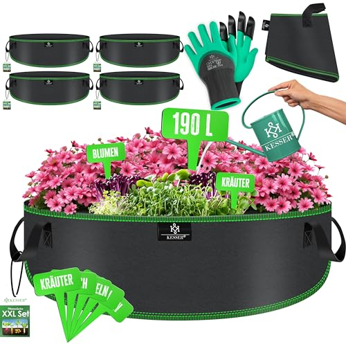 KESSER® Pflanzsack 190 Liter - 4er Set | Pflanzsäcke aus Vlies-Stoff inkl. Schildchen & Gartenhandschuhe | Kartoffel-Pflanztasche mit Fenster & Griffen | Pflanzbeutel für Gemüse Blumen Früchte Schwarz
