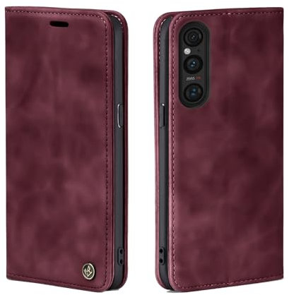 LBH Handyhülle für Sony Xperia 1 V in Weinrot mit Karten- und Geldfach Smartphone Hülle mit Standfunktion Flip Case Schutzhülle Magnetverschluss Vintage