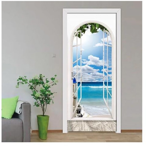 Adesivi per Porte Vista Sul Mare Dalla Finestra Adesivi Murali Per Carta Da Parati Adesivi Per Porte 3D Rimovibili Autoadesivi In ​​PVC Poster Decorativo (Taglia : 95x215cm)