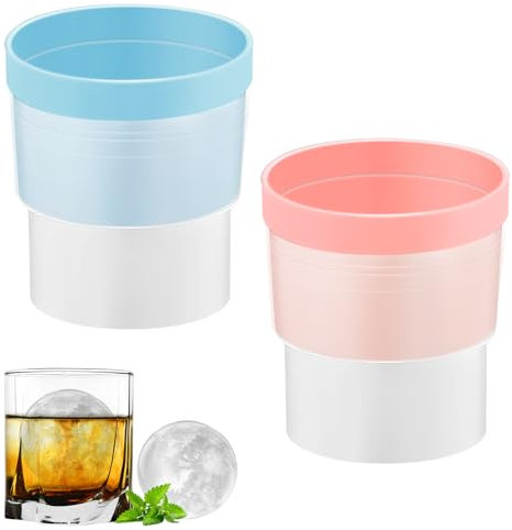 THKO Grand Moule à Glaçons en Silicone, 5.9cm Ensemble de 2 Moules à Glaçons Ronds Moule, Sphère à Etanchéité Etanche avec Couvercle, 2-en-1 Démoulage Facile Parfaitement Rond Bleu Rose