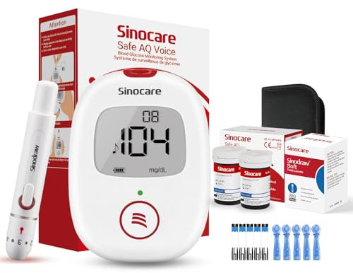 Sinocare Kit Glucómetro, 25 x Tiras de Prueba y Dispositivo Punción - mg/dL(Safe AQ Voice)