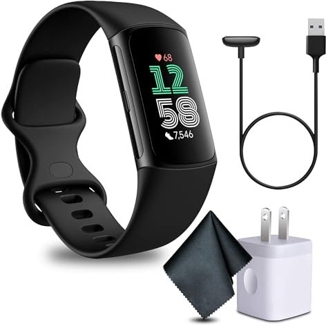 Fitbit Charge 6 Fitness Tracker Smartwatch with Heart Rate, GPS, Health Tools and More, Fit Bit Smart Watch for Men and Women, Obsidian/Black Bundle with Cleaning Cloth and Charger