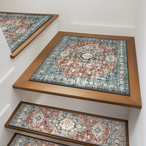 OJIA Rutschfeste Treppenstufen, passende Matte für Holzstufen, quadratische Gummirückseite, rutschfester Treppenteppich, Landematte, Treppenteppich, 78,7 x 78,7 cm, Teppich für Treppen, Rot