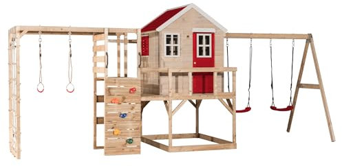 Wendi Toys M27-G Stelzenhaus mit Doppelschaukel, Rutsche, Kletterwand, Spielhaus Holz-FSC Kinder Outdoor 197×563×242 cm, Kletterturm Garten mit Turnringen, Kletternetz