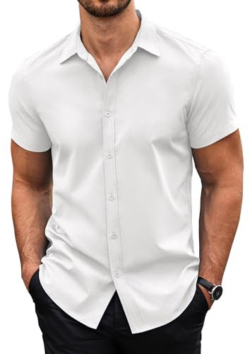 COOFANDY Short Sleeve Shirts Men Slim Fit Short Sleeve Button Up Dress Shirt Summer Business Casual Shirts Stretch Shirt Work Office White XL