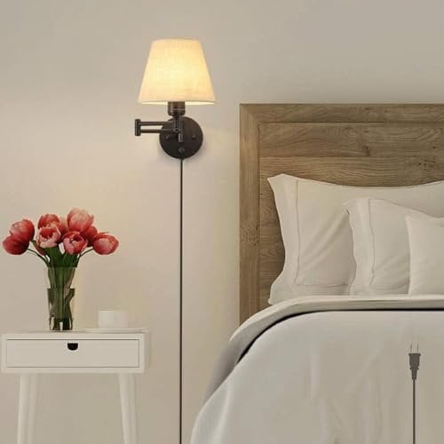 TZSMUM E27 Innen Vintage Wandleuchte mit Schalter Stecker Wandlampe 180°+270° Verstellbare Wandbeleuchtung Industrial Bettlampe mit 1.6M Kabel Stoff Schirm Wand Leselampe (Weiß,1 Stück)