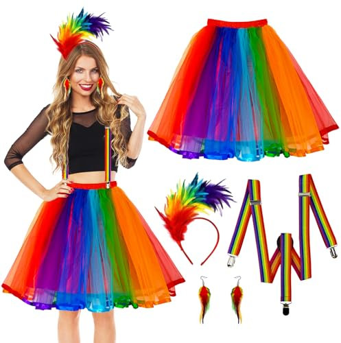Ulikey Regenbogen Tüllrock, Regenbogen Kostüm für Damen, Tüllrock Damen, Bunt Feder Stirnband, Bunte Feder-Ohrringe, 50er-Bunte Tutu Unterrock für Damen Karnevalspartys und Bühnenauftritte