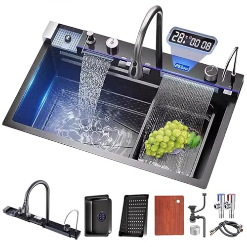 FIVIXIL Fregadero de cocina doble con pantalla LED con arandela de tazas, dispensador de jabón, mezclador de cascada, controlador de encimera, etc. Fregadero de cocina con estación de trabajo (gris