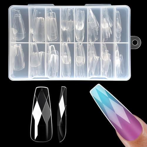 ZAHRVIA 120 Pcs Coffin Nail Tips, Clear Extra Long, 3D Diamond Shape Designs, Soft Gel Tip, Full Cover Acrylic Nail Tips, 15 Sizes, Suitable for Nail Art Salons and Home DIY