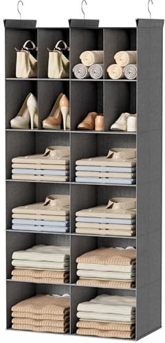 Hängeschrank-Organizer mit 6 Etagen, 16 Fächer, Pullover-Organizer für Schrank mit 3 stabilen Haken, Schrank-Organizer und Aufbewahrung, Kleiderschrank, Wohnmobil, Kleiderständer, Grau