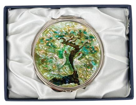 February Mountain Elegant Butterfly and Floral Mother of Pearl Compact Mirror, Dual Magnification (1X & 2.5X) – Lightweight Travel Makeup Mirror in Gift Box (Green crane)