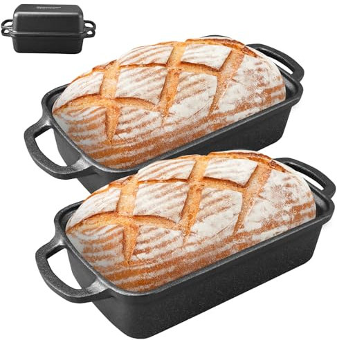 2 in 1 Cast Iron Bread Pan with Lid 9×5 Inch - Loaf Bakeware for Sourdough & Sandwich Bread - Pre-Seasoned Dutch Oven Style - Heavy Duty with Even Heating