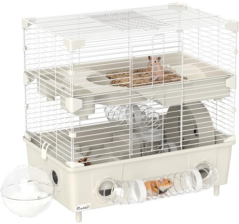 PawHut 2-stöckiger Hamsterkäfig, 3 Türen, Leises Laufrad, Creme | Einstreu, Spielröhren, Hamsterkäfig, Stahl, PS & PP, 44,5x28x44 cm.