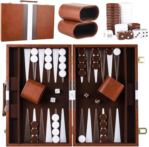 Backgammon Koffer Holz 15 Zoll,2 Spieler Klassisches Reise-Backgammon-Set mit Hochwertiger Ledertasche Tragbares und mit Würfelbecher für Camper & Travel-Fans