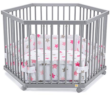 FabiMax Baby Laufgitter 6-eck Grau lackiert, stufenlos höhenverstellbar, mit Schlupfsprossen, Laufstall aus massivem Buchenholz (Rosa Sterne)