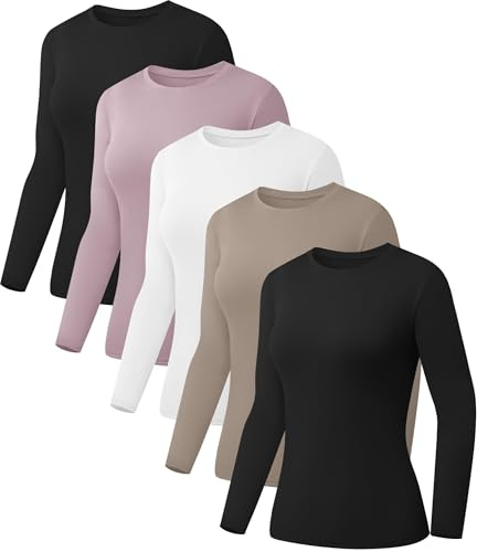 Kinglaman 5 Pack Womens Basic Long Sleeve Shirts Crew Neck Slim-Fit Tops