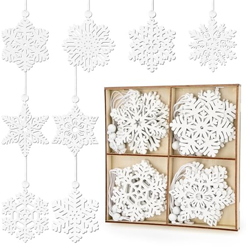 Schneeflocken Holz Weihnachtsbaumschmuck, Holz Weihnachts-Anhänger mit Juteseil, Schneeflocke Christbaumschmuck Anhänger, Traditionelles Hängende Dekoration - 16 Stück, weiß